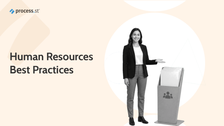 Black-and-white people operations leader presenting an employee handbook kiosk for human resources best practices.