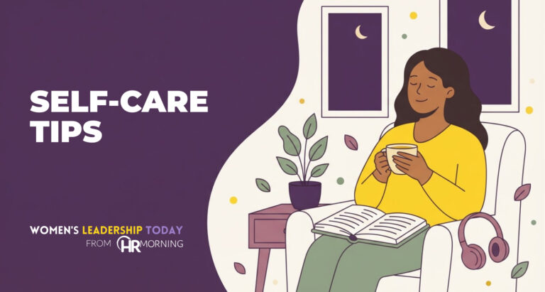 Illustration of a woman relaxing in an armchair with tea and a book, evoking self-care tips for busy professionals.