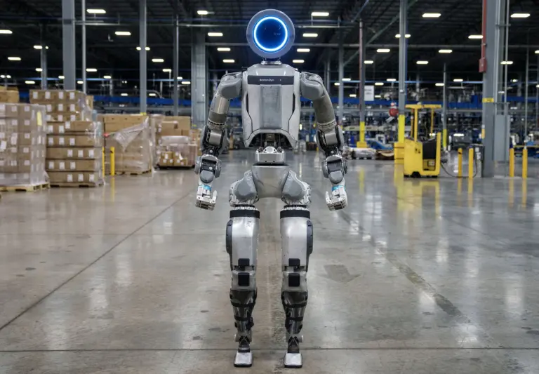 Hyundai Atlas humanoid robot operating on a factory floor alongside machinery