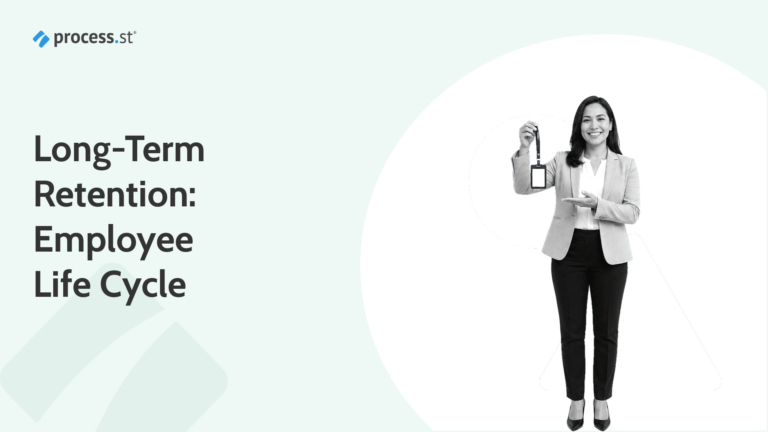 HR leader presenting an employee ID badge on a lanyard, representing the stages of the employee life cycle and long-term retention