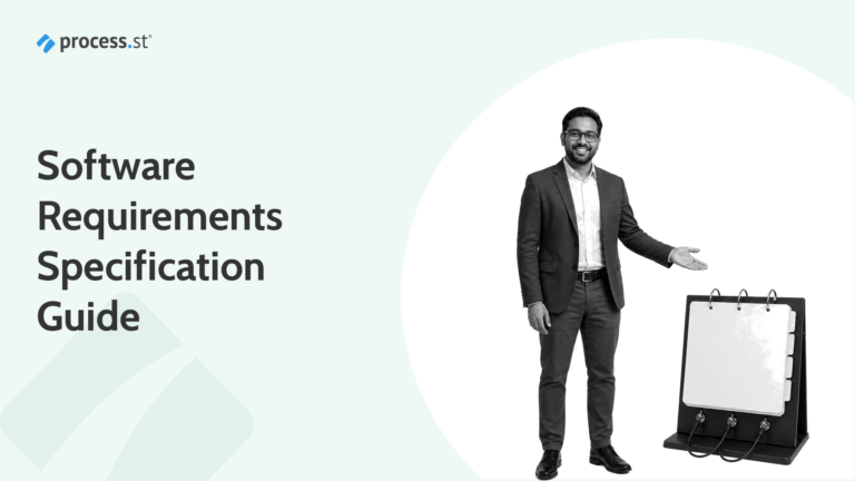 Software requirements engineer presenting a technical specification folio