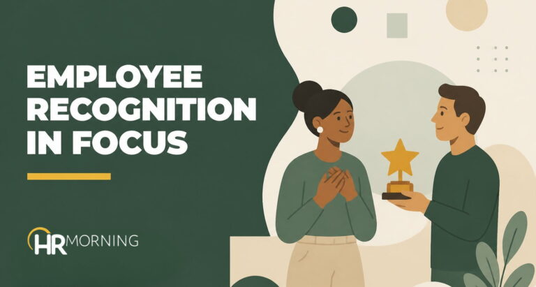 A Corporate Memphis style promotional graphic for an HRMorning article titled "EMPLOYEE RECOGNITION IN FOCUS." The text is displayed in bold white typography against a deep forest green background. On the right, the flat design illustration portrays a diverse pair of corporate professionals in a moment of workplace appreciation. A man smiles while presenting an golden star trophy on a small base to his female colleague, who receives the token of achievement with a grateful expression and her hands held to her chest. Abstract geometric circles, squares, and stylized foliage frame the background, creating an encouraging visual metaphor for effective employee engagement, peer-to-peer rewards, and positive organizational culture design.