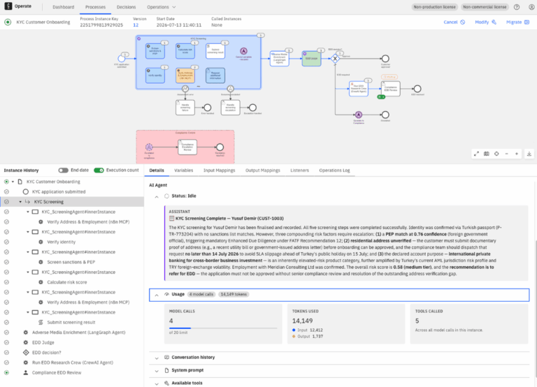 Operate view showing an agent's live execution state on a process diagram, plus its conversation history and tool calls