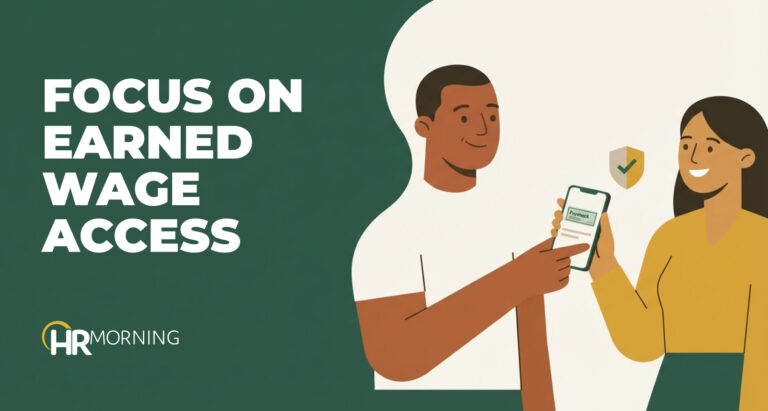 Two HR pros review a paycheck on a phone beside a shield icon, illustrating new earned wage access payroll rules