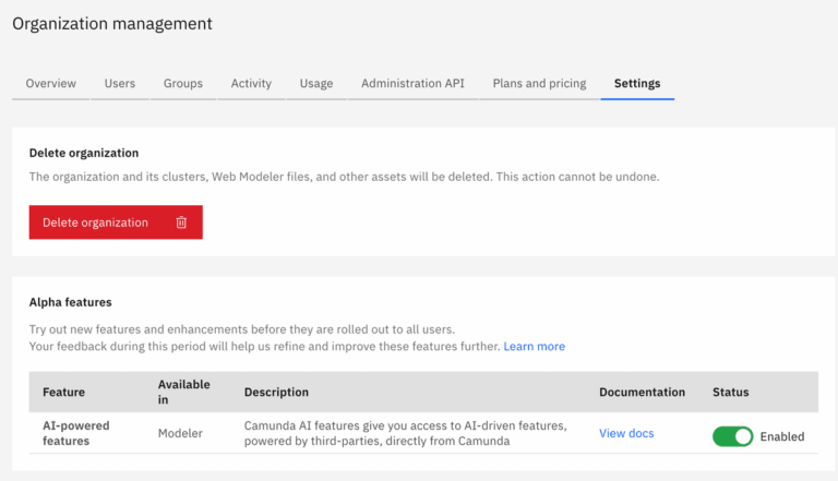Camunda Console – Alpha features toggle showing AI-powered features enabled