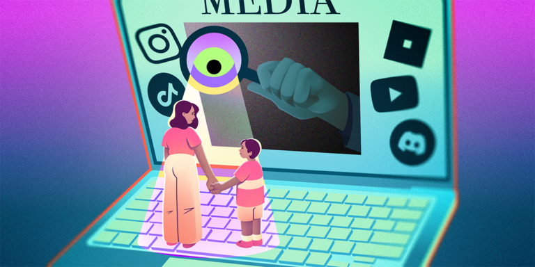 two kids on a huge laptop, spied on by an eye in magnifying glass