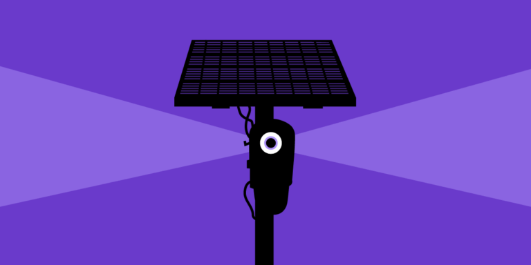 A flock camera with spying eye, silhouetted against a dark purple ground.