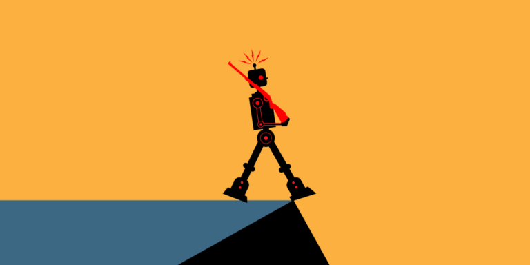 artistic representation of a robot with a red rifle walking off of a roof
